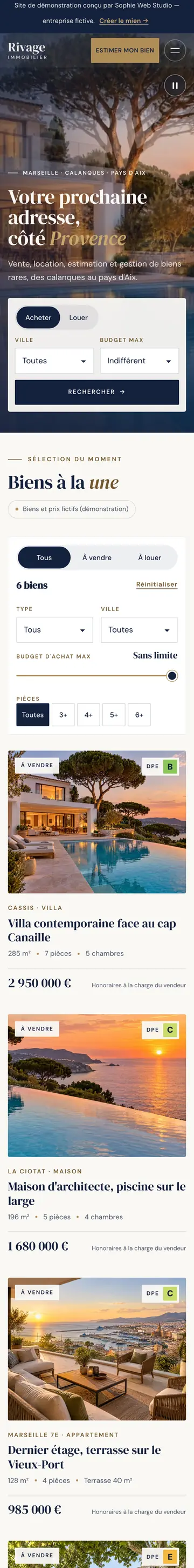 Site Rivage Immobilier sur téléphone