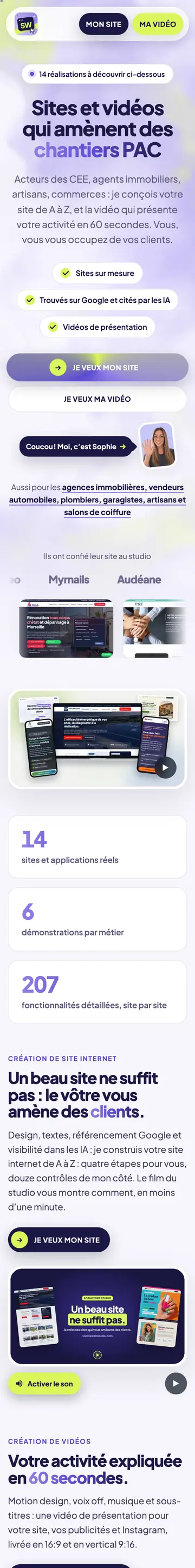 Site Sophie Web Studio sur téléphone