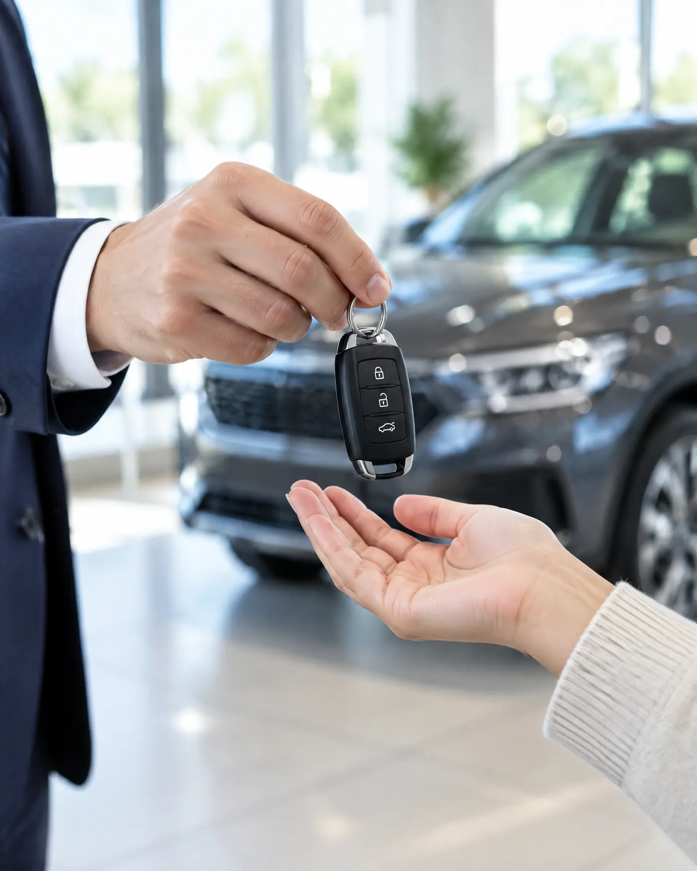 Remise d'une clé de voiture entre deux mains, dans un showroom