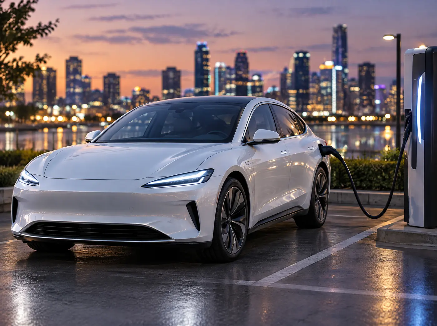 Berline électrique blanche en charge, ville au crépuscule