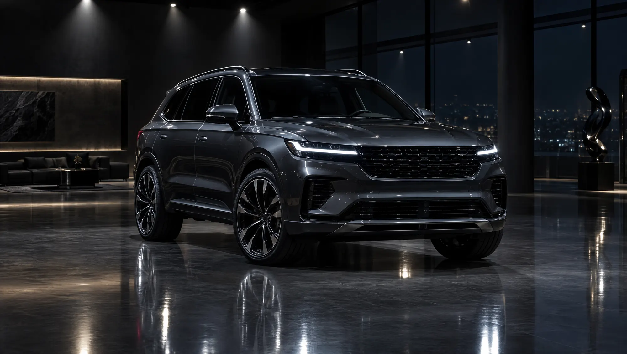 SUV gris anthracite exposé dans un showroom sombre
