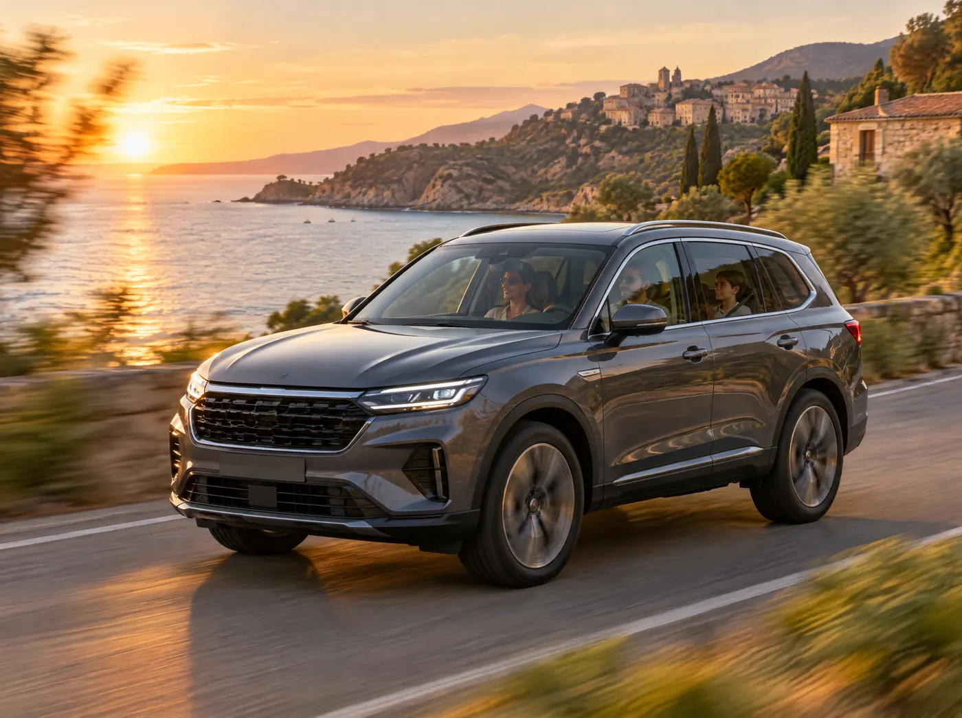 SUV graphite sur une route côtière au coucher du soleil