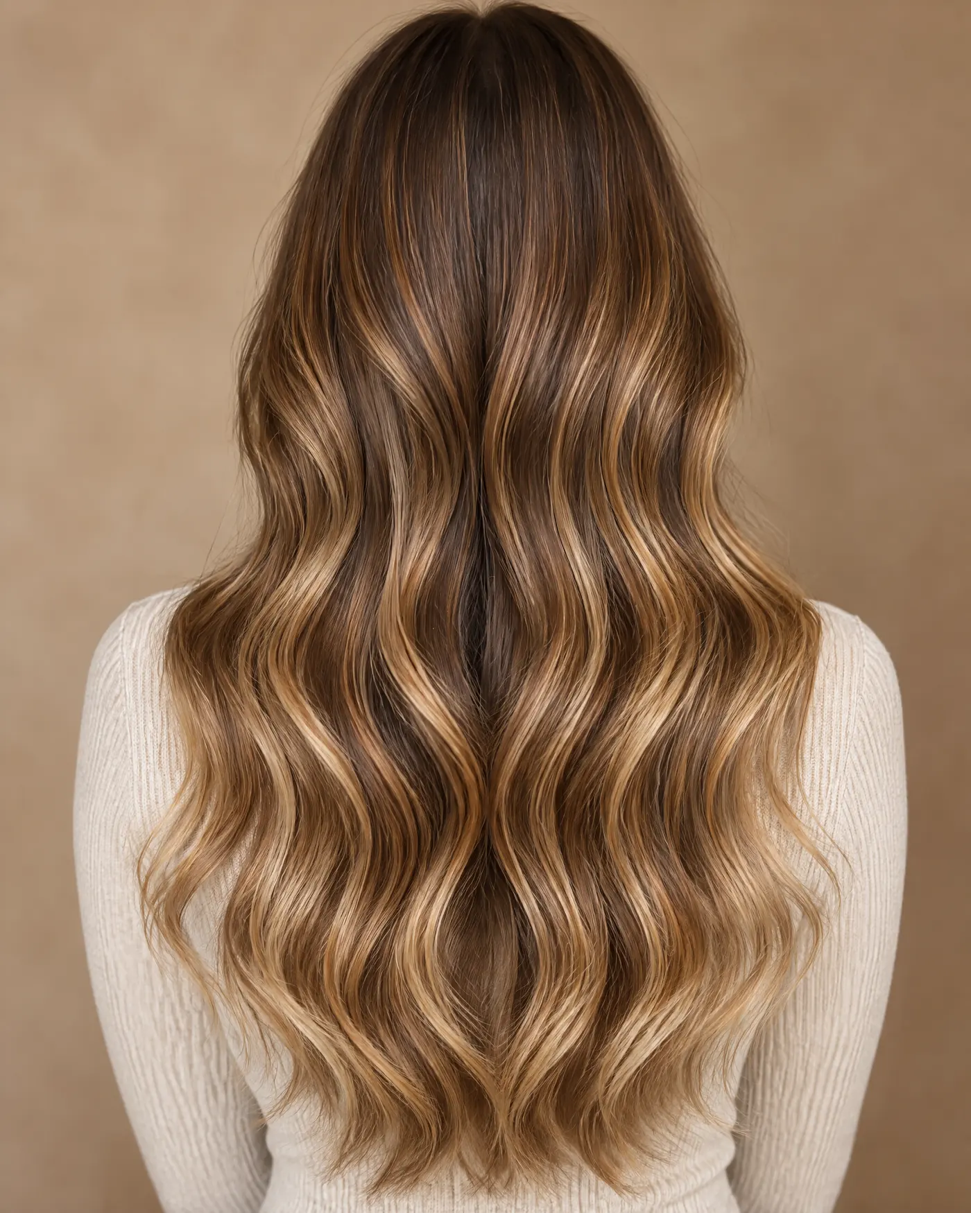 Longs cheveux ondulés au balayage caramel, vus de dos
