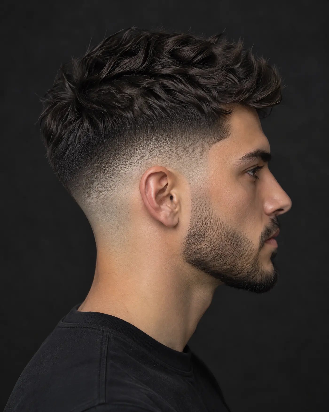 Profil d’un homme au dégradé net et à la barbe courte, sur fond sombre