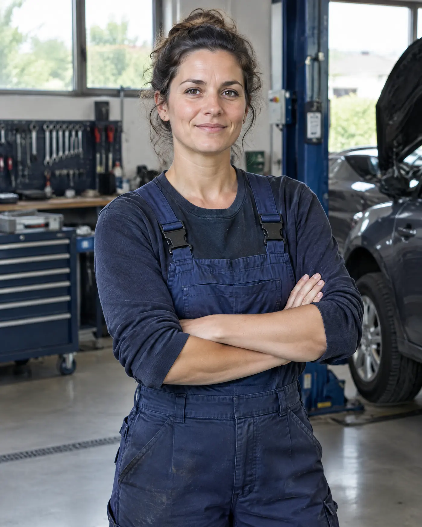 Inès, cheffe d'atelier, en salopette, bras croisés devant les ponts élévateurs