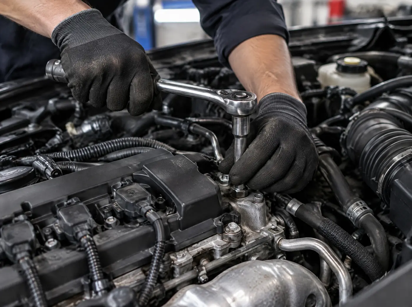 Mains gantées serrant un écrou dans un compartiment moteur