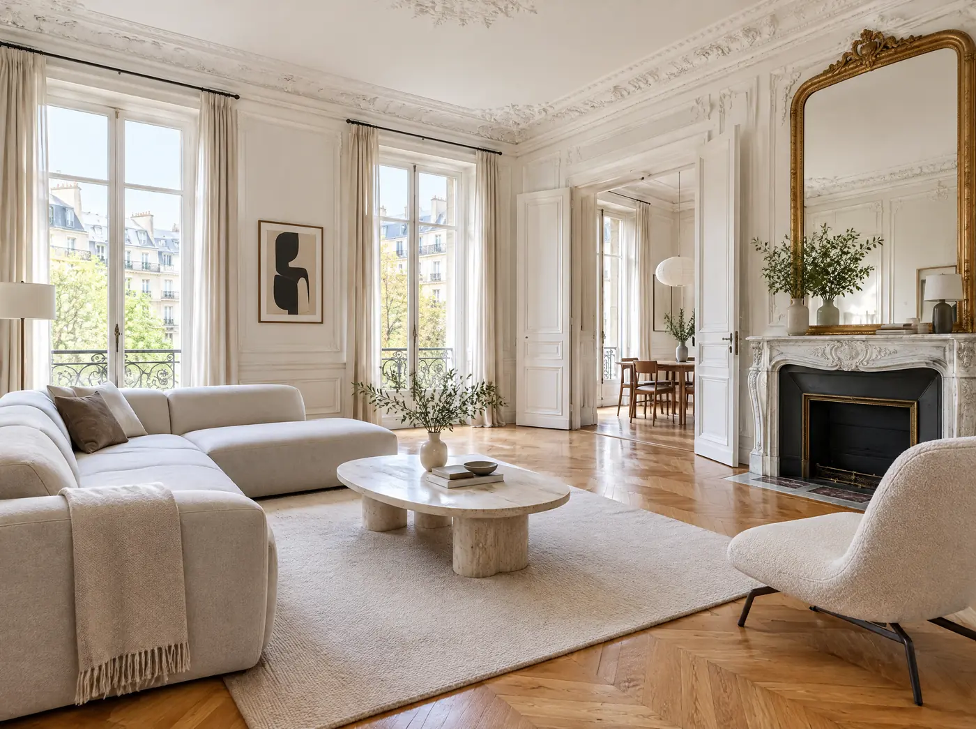 Salon haussmannien lumineux : parquet en point de Hongrie, moulures et cheminée en marbre