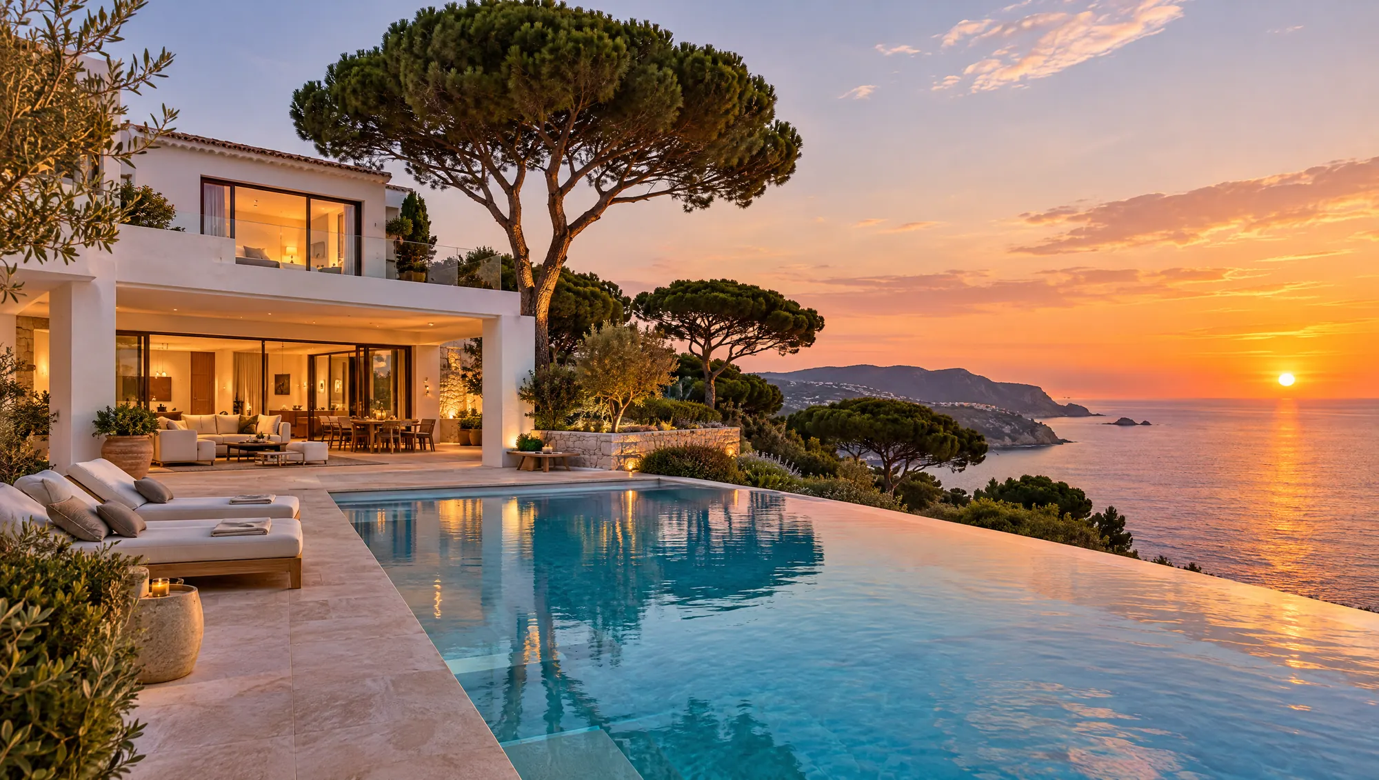 Villa contemporaine blanche, terrasse et piscine à débordement au coucher du soleil