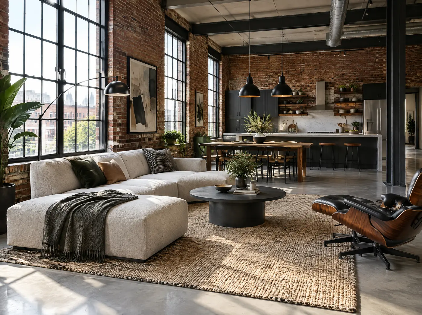 Loft industriel en briques, grandes verrières et cuisine ouverte