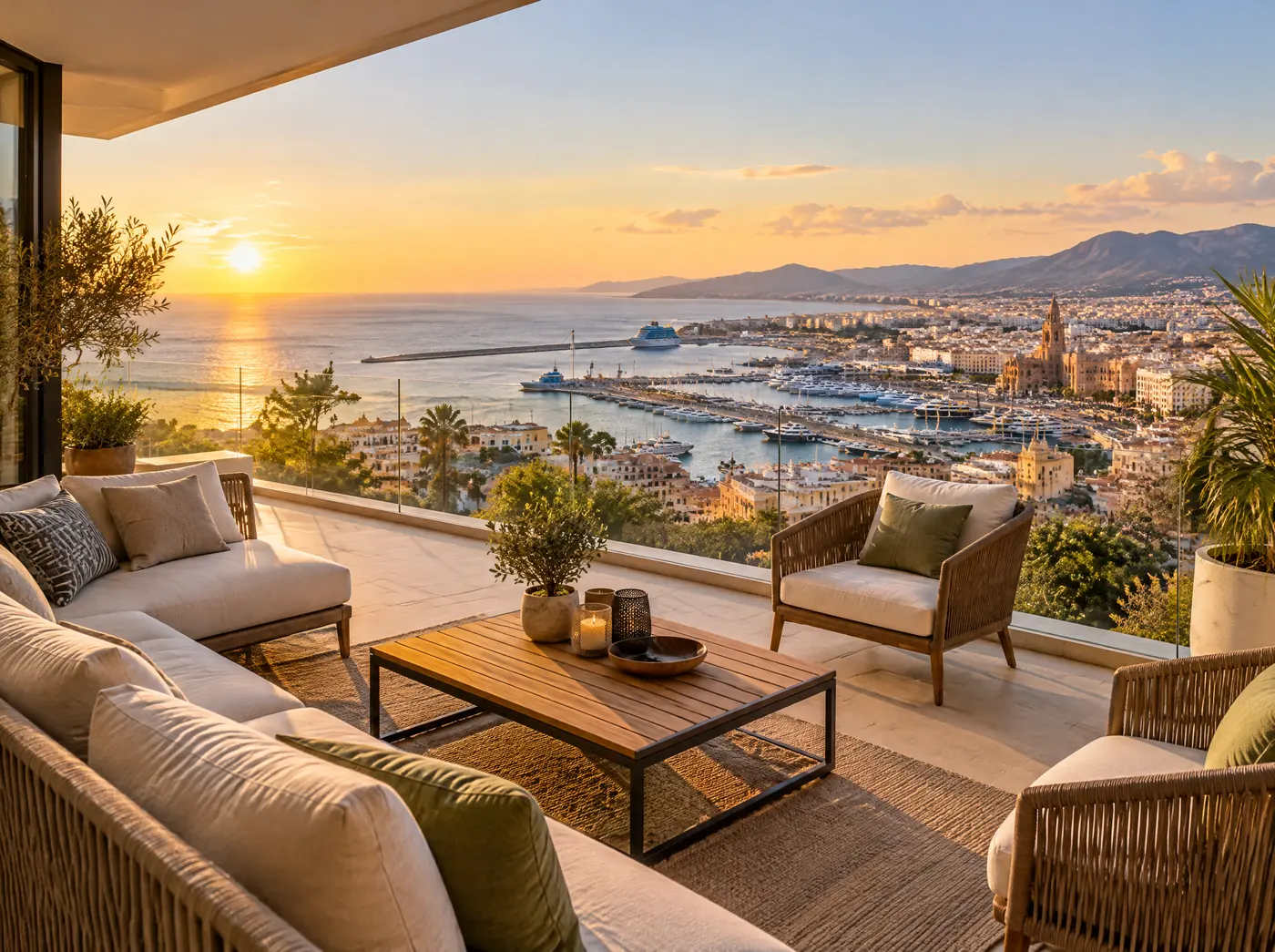 Terrasse meublée dominant le port et la ville au coucher du soleil