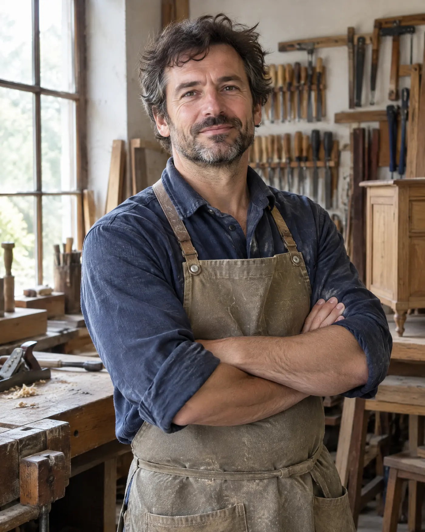 Mathis, menuisier-ébéniste, bras croisés en tablier de toile dans son atelier