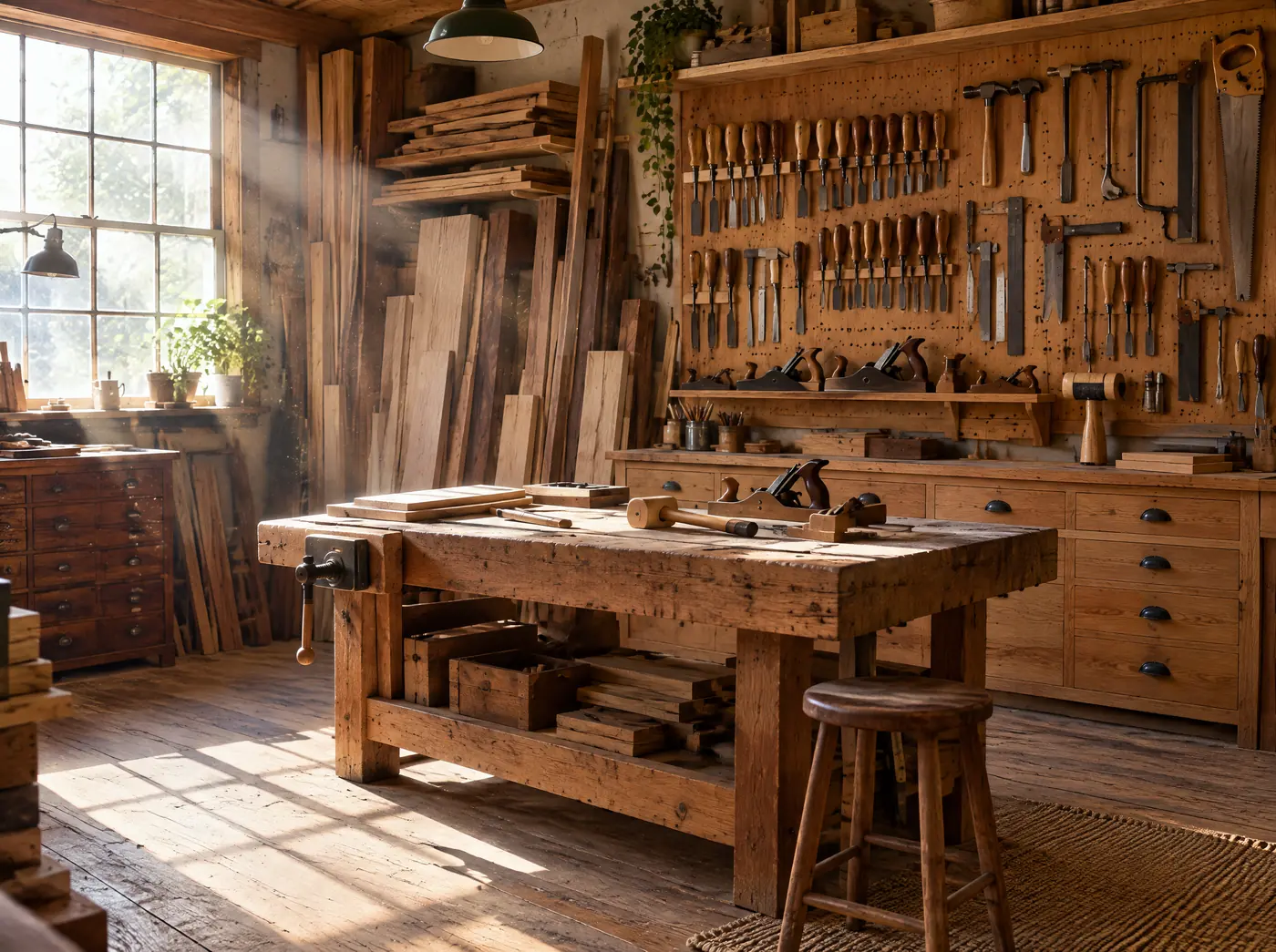L'atelier : un grand établi en bois, des rabots, et les outils rangés au mur dans la lumière du matin