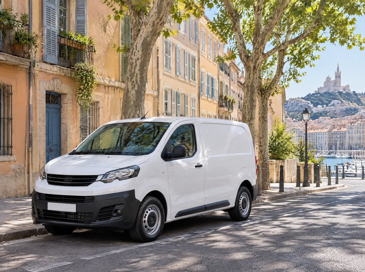 Utilitaire blanc garé dans une rue ensoleillée de Marseille, Notre-Dame-de-la-Garde au loin.