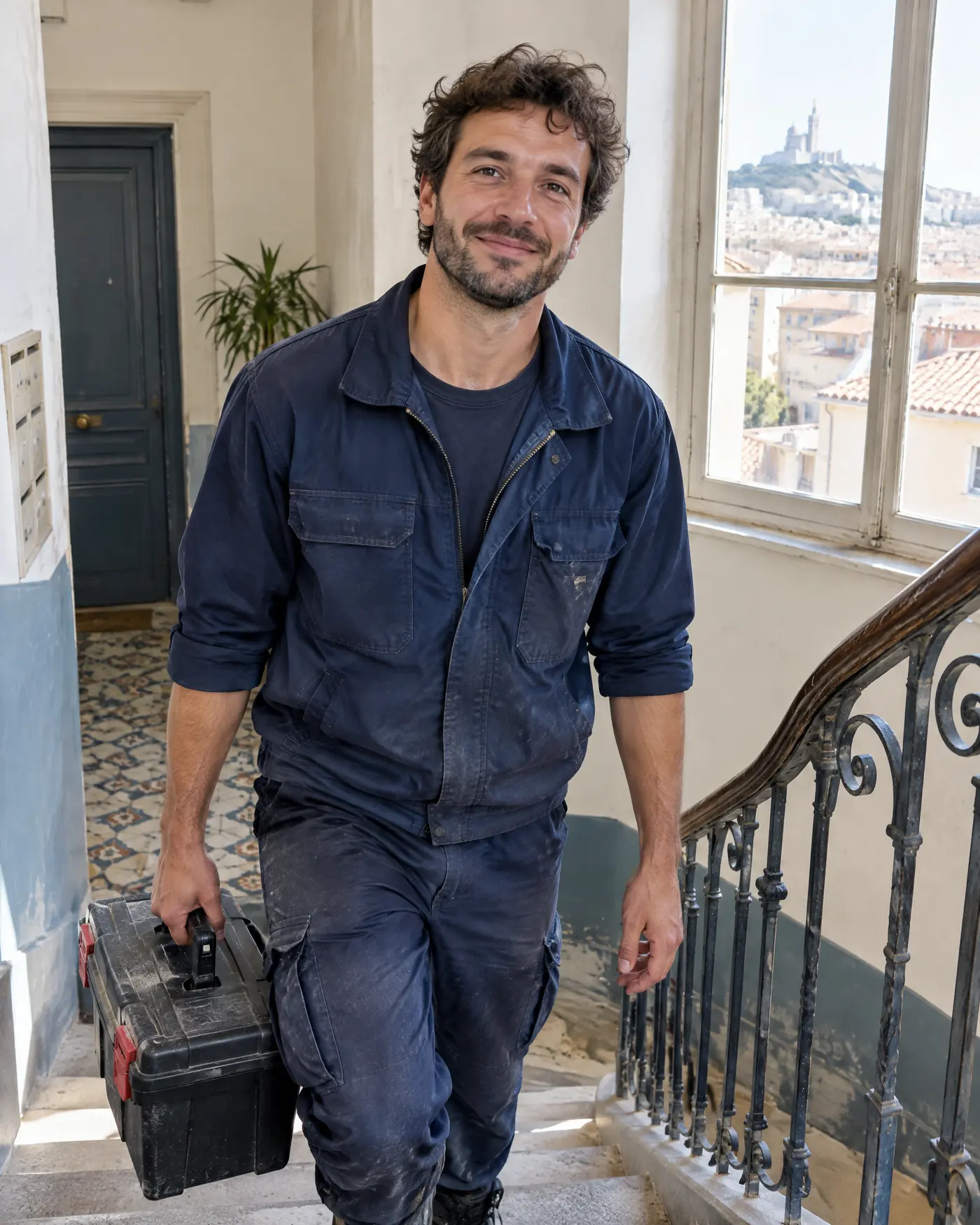 Rémi, plombier (personnage fictif), monte un escalier d'immeuble marseillais, sa caisse à outils à la main.