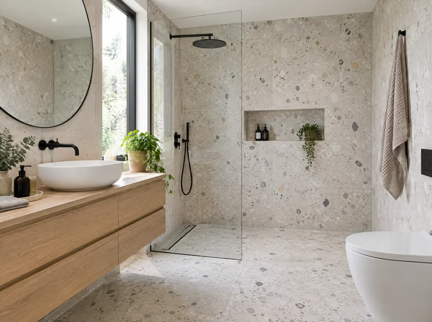 Après : salle de bain claire en terrazzo, douche à l'italienne vitrée, meuble vasque en bois.